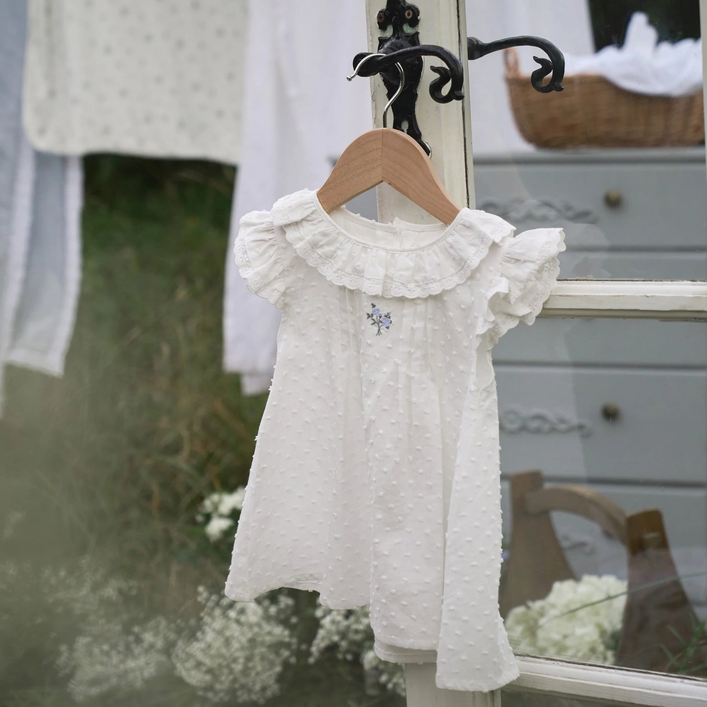 SWISS DOT PINTUCKED DRESS W/ ROSE EMBROIDERY