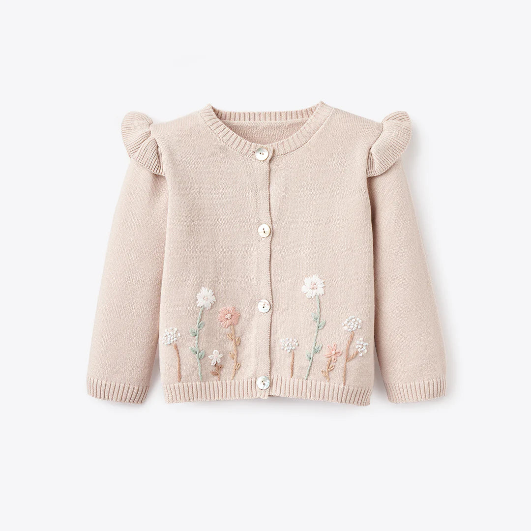 TAUPE FLUTTER SLEEVE HAND-EMBROIDERED BABY CARDIGAN