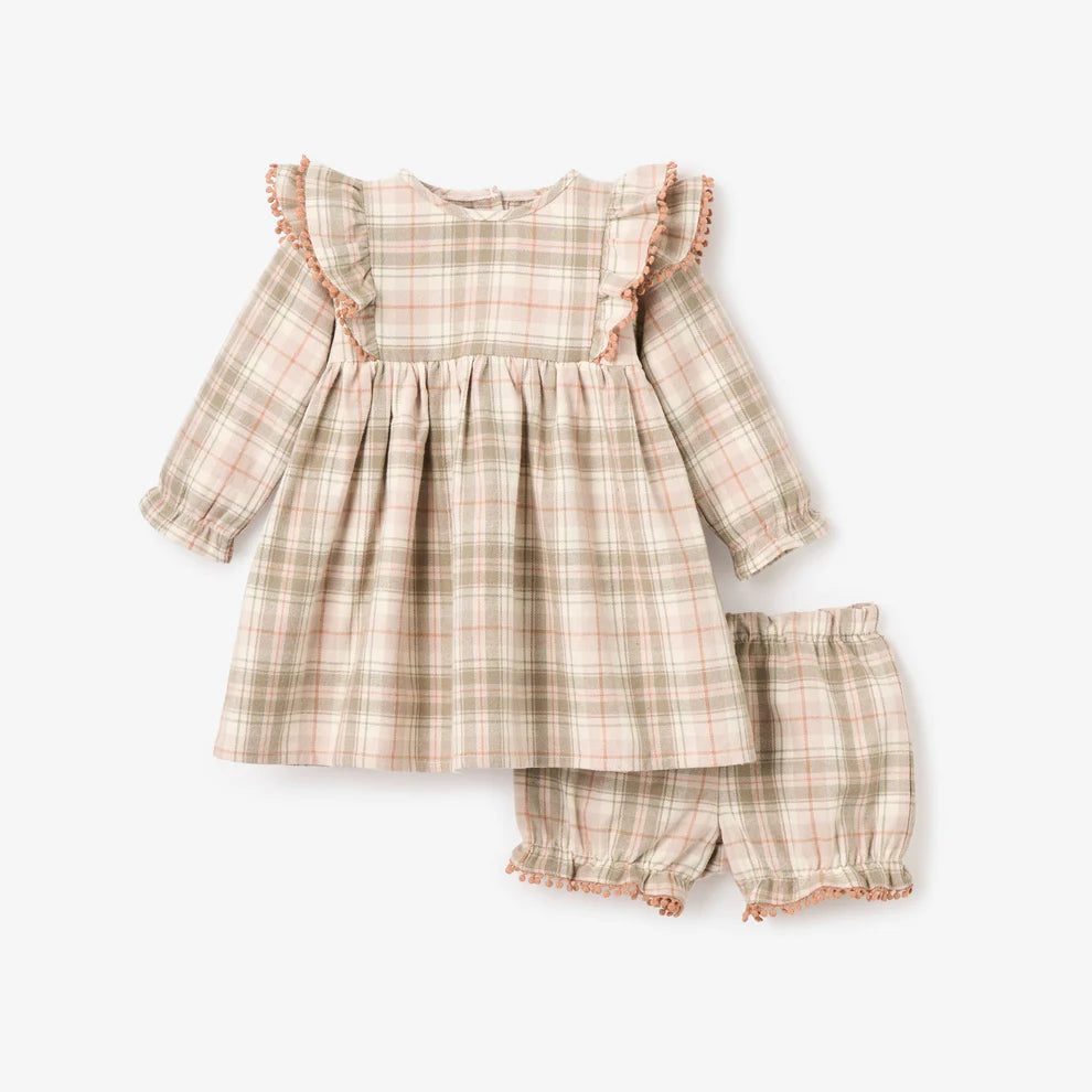 PLAID RUFFLE SHOULDER DRESS & BLOOMER SET