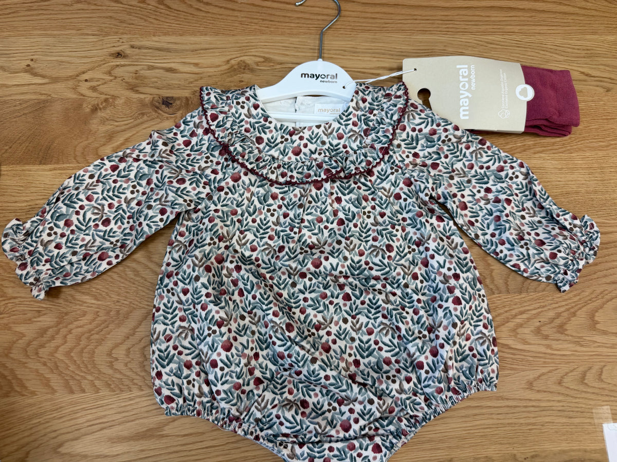 Mayoral Newborn Girl Printed Romper with Tights 2672