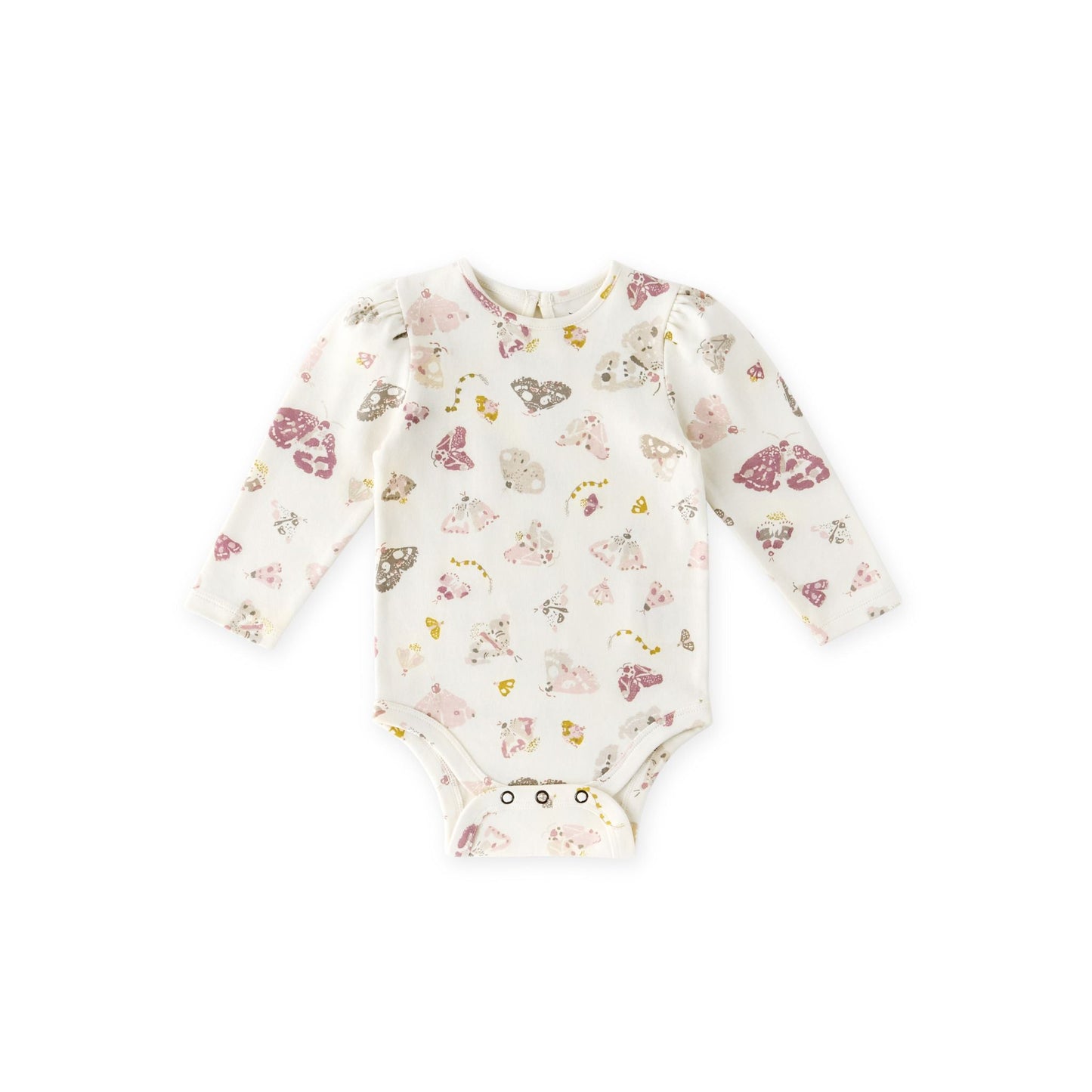 Baby onesie with butterfly pattern on a white background