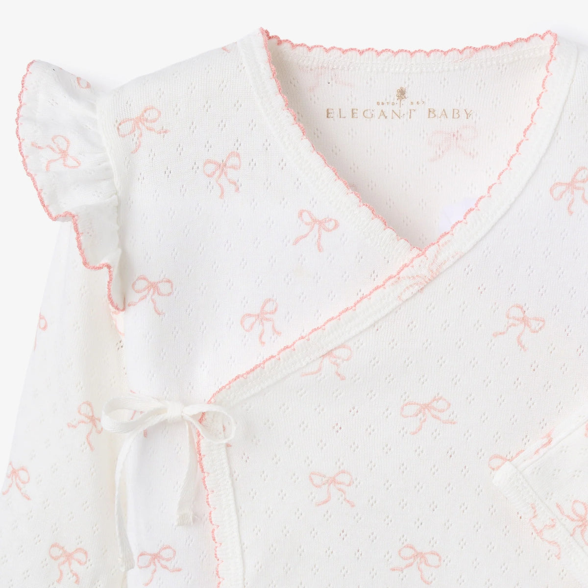 ELEGANT BABY PINK BOW PRINT ORGANIC COTTON POINTELLE LAYETTE 3 PC GIFT SET