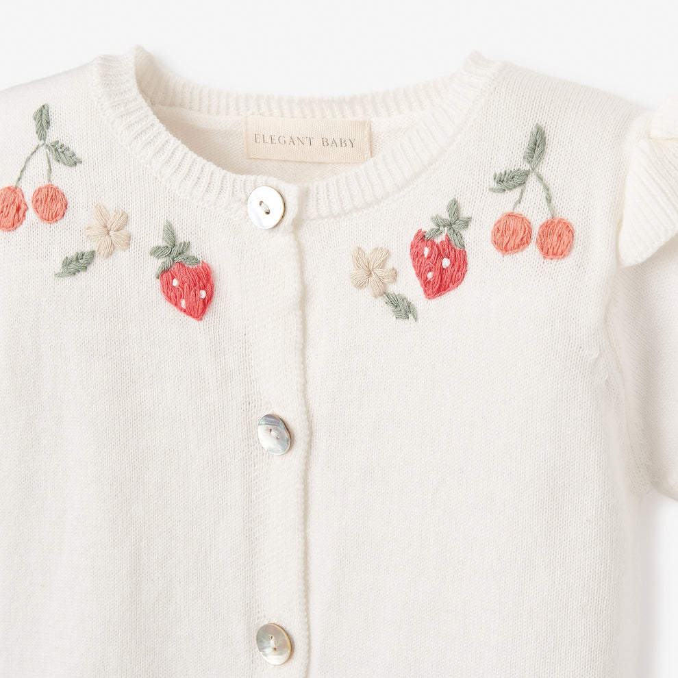 STRAWBERRY FLUTTER SLEEVE HAND-EMBROIDERED BABY CARDIGAN