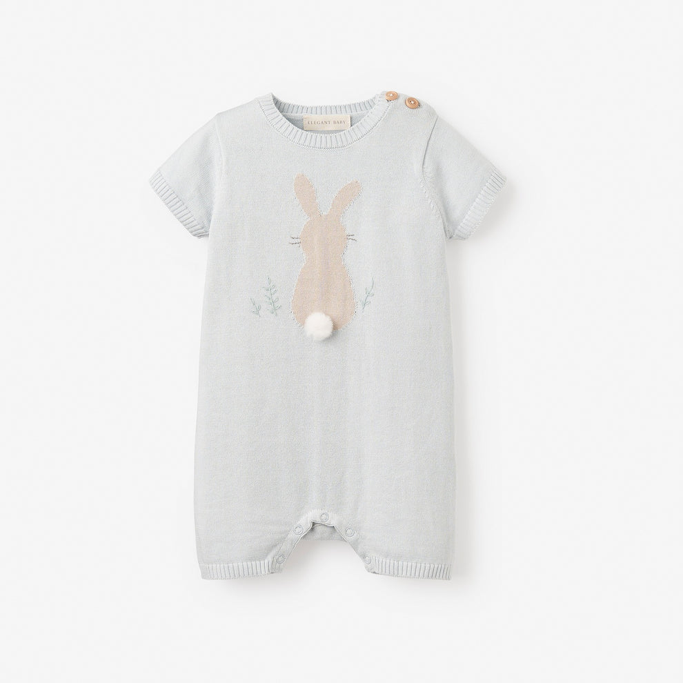 PALE BLUE BUNNY KNIT SHORTALL ROMPER