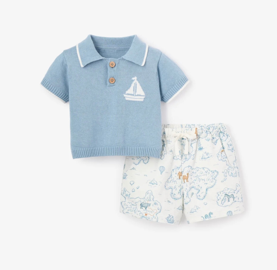 NAUTICAL KNIT POLO + EXPLORER PRINT SHORTS