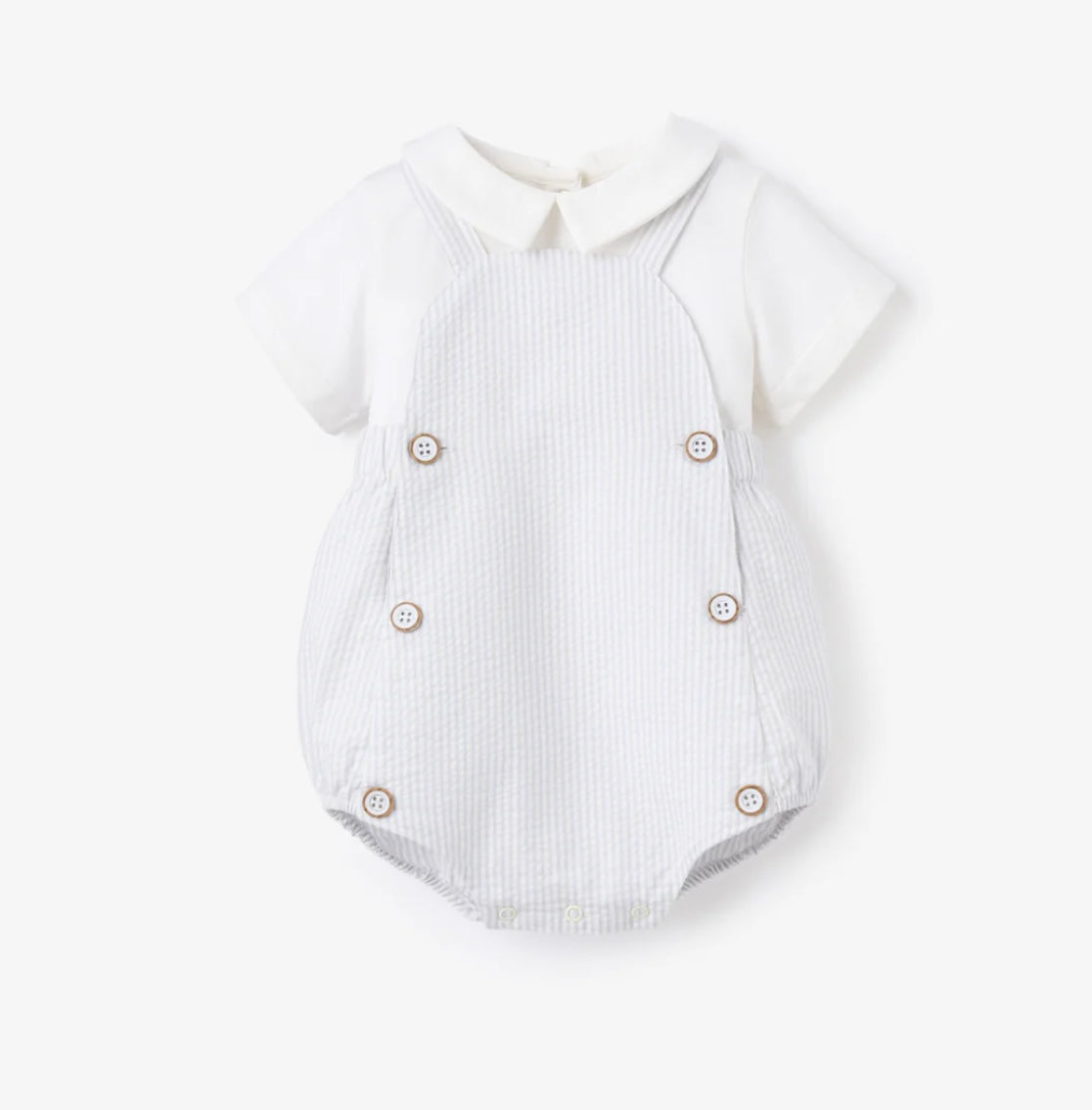 BLUE SEERSUCKER OVERALL BUBBLE + COLLARED SHIRT