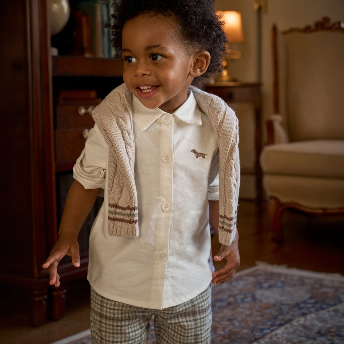 TAUPE VARSITY SWEATER + PLAID PANTS SET