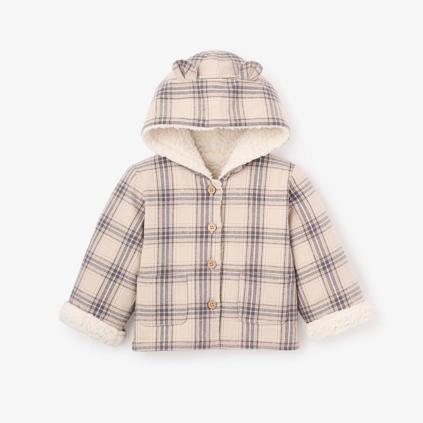 NEUTRAL PLAID SHERPA LINED REVERSIBLE JACKET