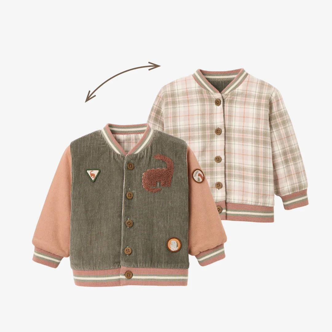 REVERSIBLE DINOSAUR CORDUROY/PLAID VARSITY JACKET