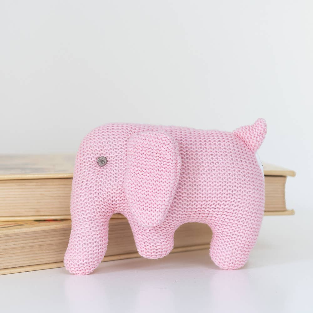 Knitted Organic Cotton Pink Elephant Baby Rattle