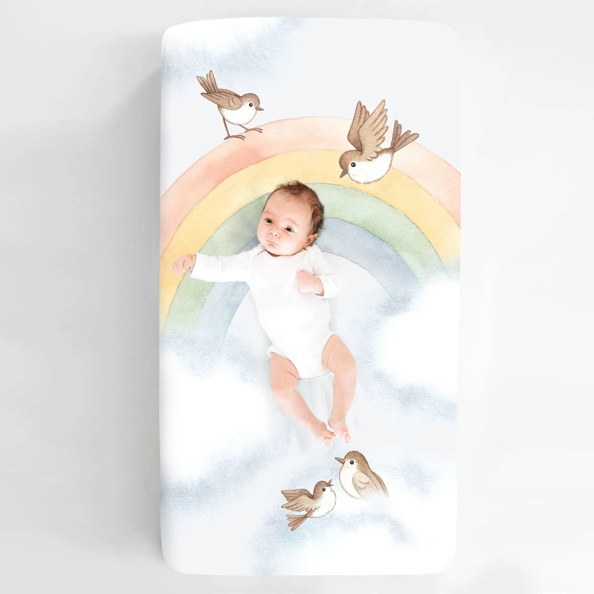 Rookie Humans - Standard Size Crib Sheet Rainbow and Birds