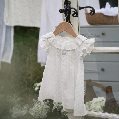 SWISS DOT PINTUCKED DRESS W/ ROSE EMBROIDERY