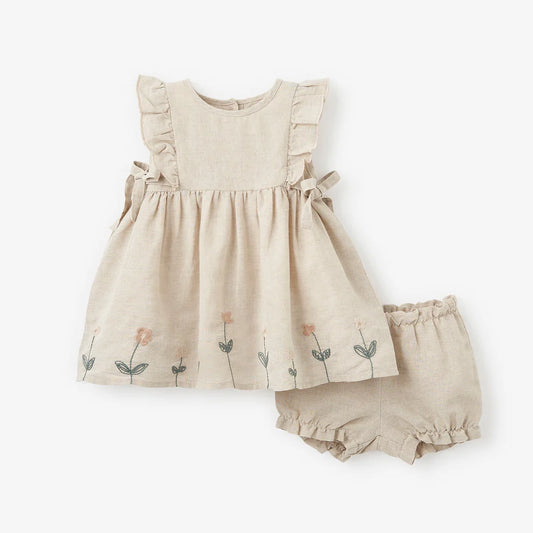 NATURAL LINEN FLORAL EMBROIDERED DRESS W/ BLOOMER