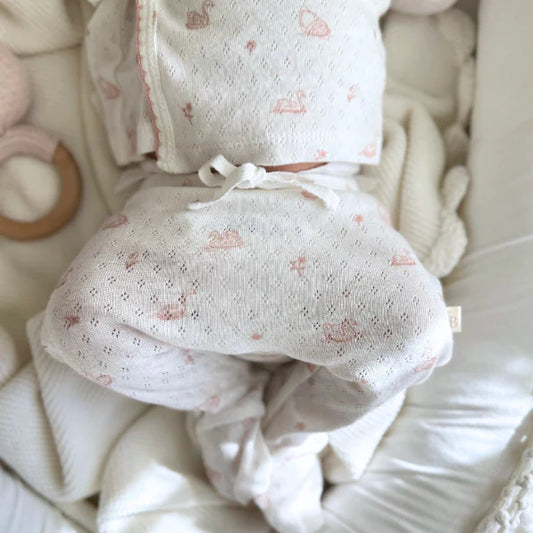 ELEGANT BABY PINK SWAN PRINT ORGANIC COTTON POINTELLE LAYETTE 3 PC GIFT SET