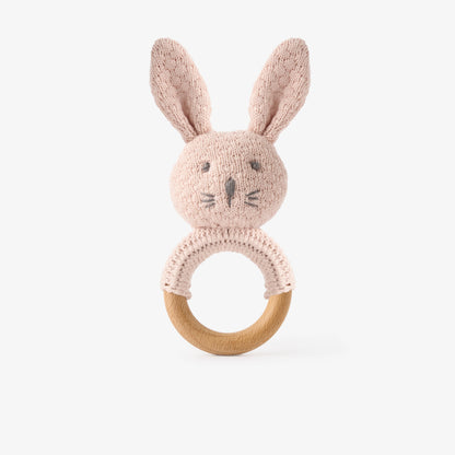 BUNNY KNIT WOODEN RING RATTLE