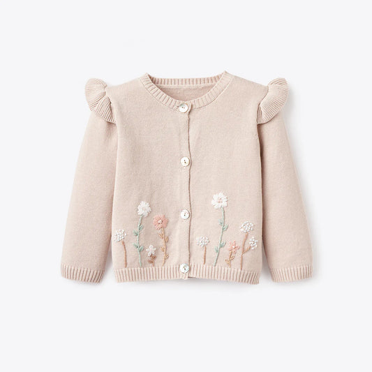 TAUPE FLUTTER SLEEVE HAND-EMBROIDERED BABY CARDIGAN