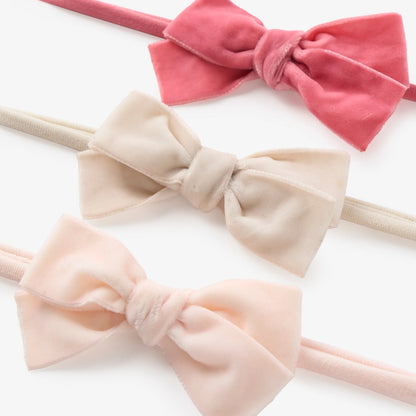 PINK VELVET BOW HEADBAND SET 3 PK