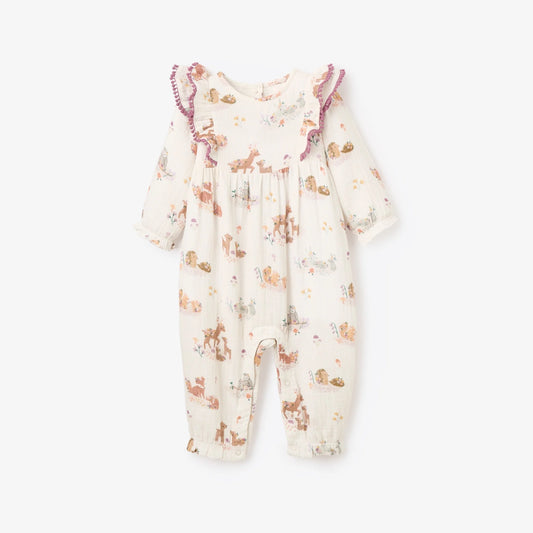 FOREST FAMILY ORGANIC MUSLIN RUFFLE JUMPSUIT