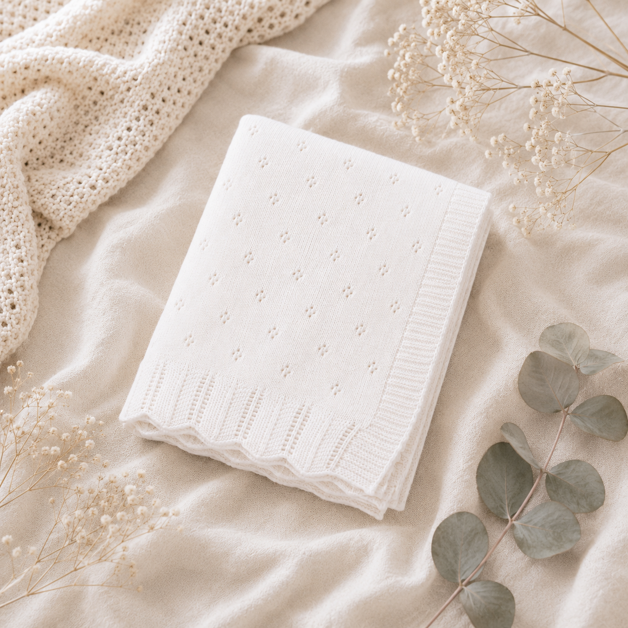 Dove White Classic Pointelle Knit Baby Blanket (Organic): Ivory