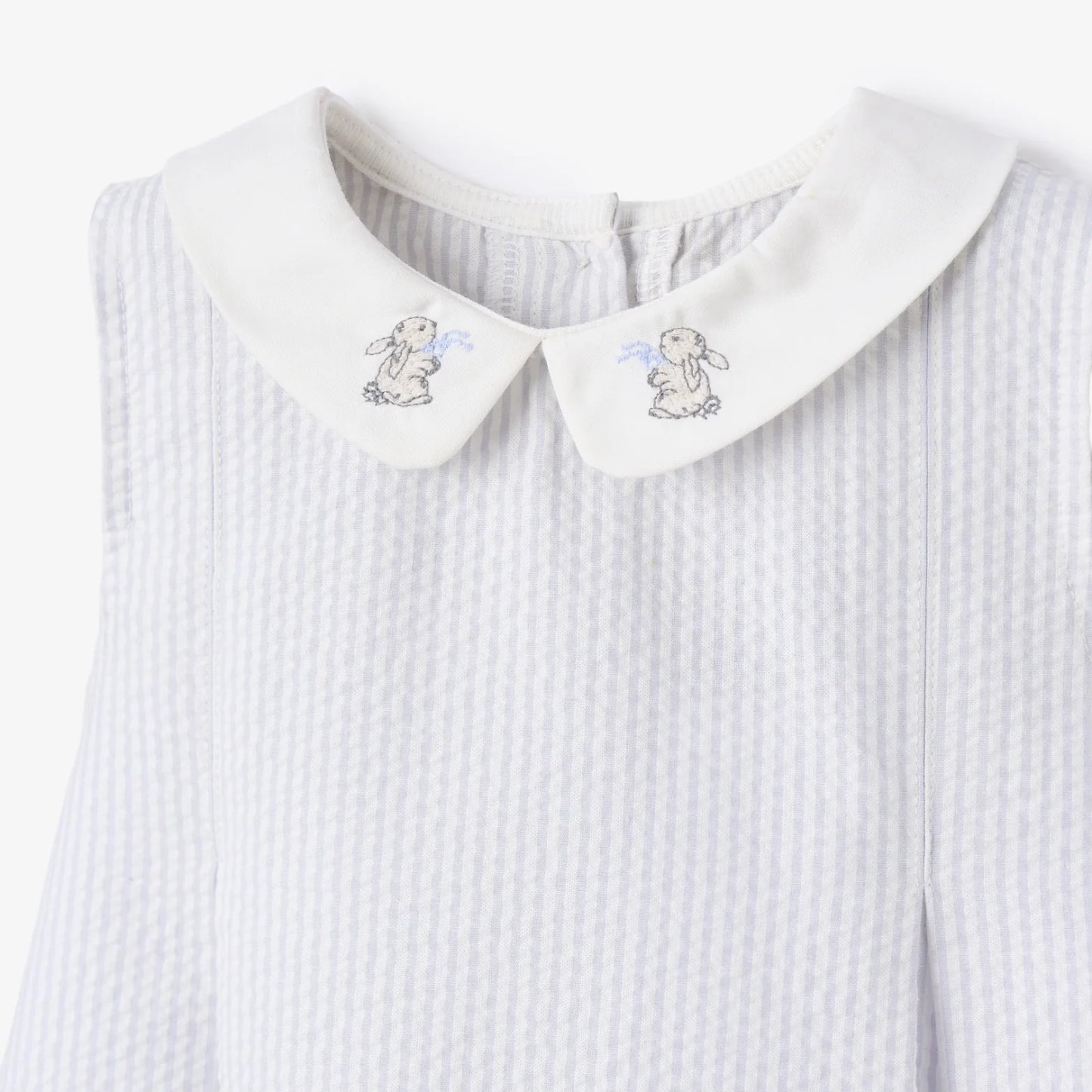 BLUE SEERSUCKER EMBROIDERED BUNNY DRESS