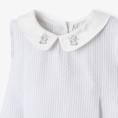 BLUE SEERSUCKER EMBROIDERED BUNNY DRESS