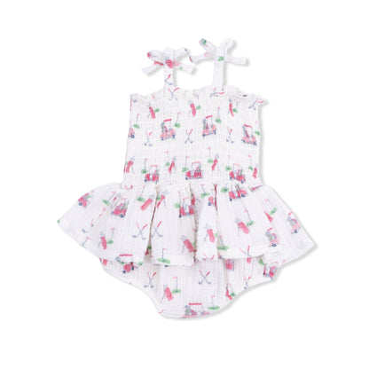 Baby Golf Carts Pink Smocked Bubble Romper with Skirt