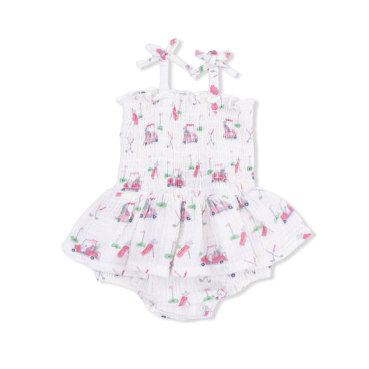 Baby Golf Carts Pink Smocked Bubble Romper with Skirt