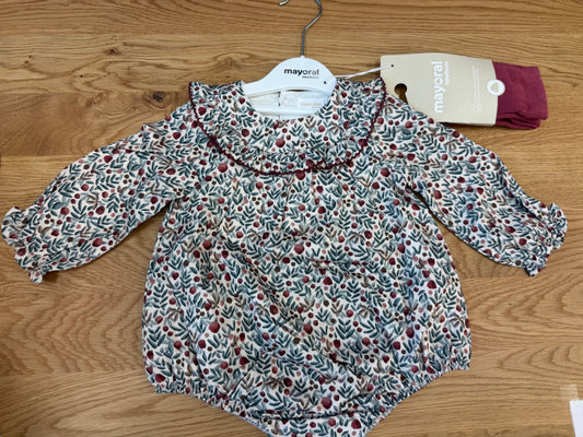 Mayoral Newborn Girl Printed Romper with Tights 2672