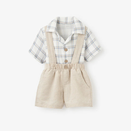 PLAID ORGANIC MUSLIN TOP & LINEN SUSPENDER SHORTS