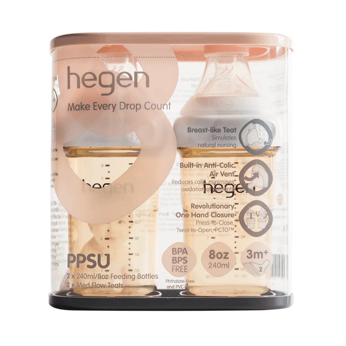 HEGEN PCTO™ 240ML/8OZ FEEDING BOTTLE PPSU, 2-PACK WITH 2 X MEDIUM FLOW NIPPLE (3 TO 6 MONTHS)