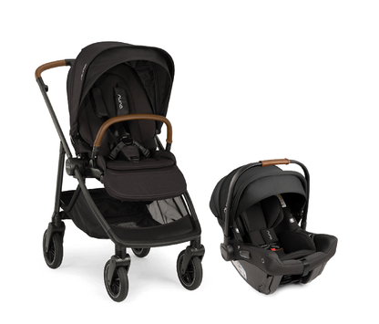 A Nuna SWIV + PIPA urbn travel system, featuring a black stroller with brown accents and a matching black infant car seat.