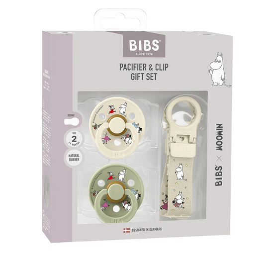 BIBS x Moomin Colour Pacifier & Loop Clip Gift Set - Ivory/Sage