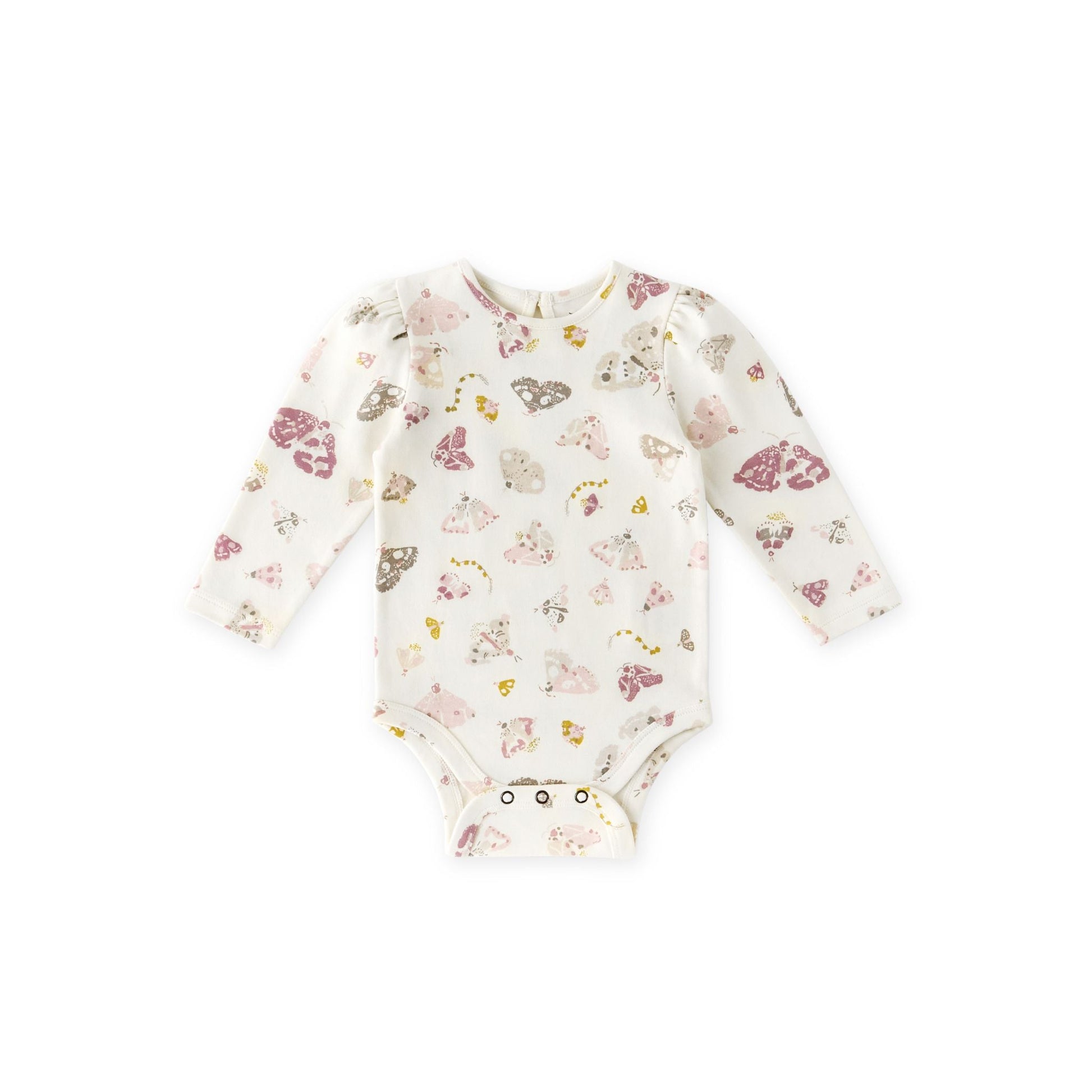 Baby onesie with butterfly pattern on a white background