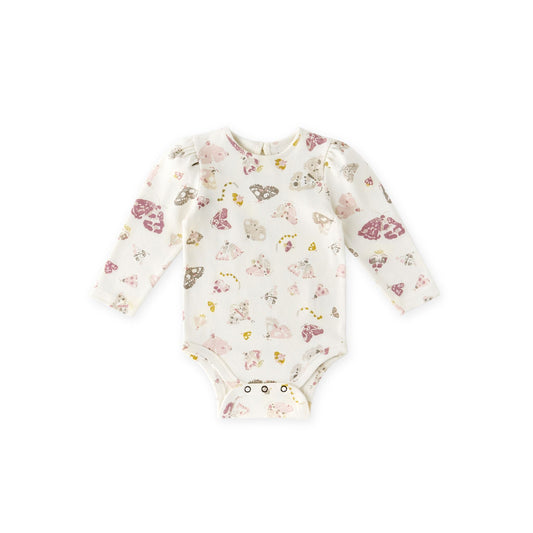Baby onesie with butterfly pattern on a white background