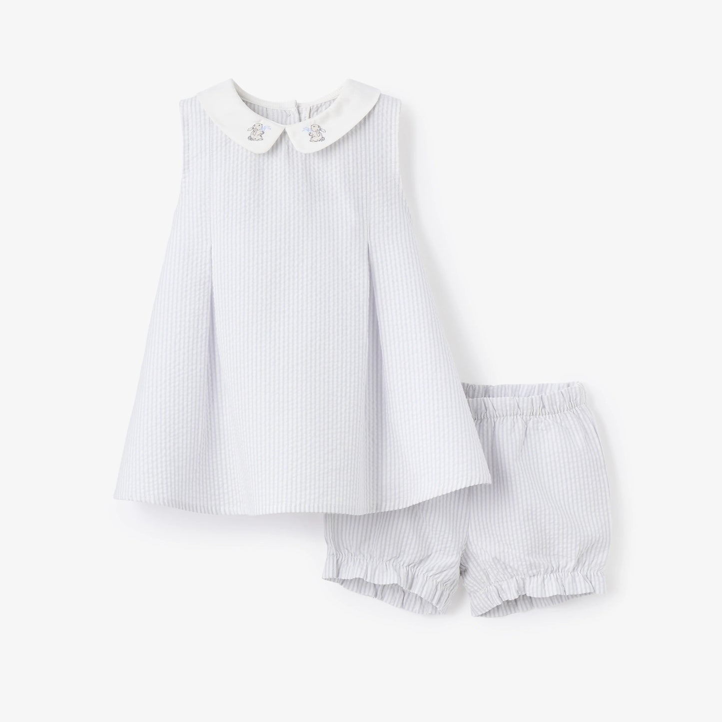 BLUE SEERSUCKER EMBROIDERED BUNNY DRESS