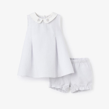 BLUE SEERSUCKER EMBROIDERED BUNNY DRESS