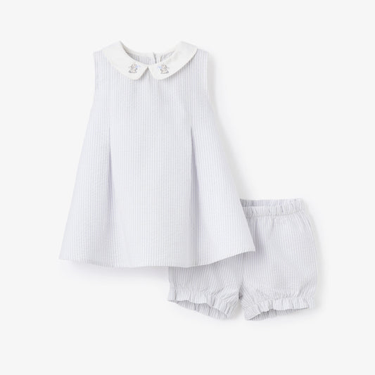 BLUE SEERSUCKER EMBROIDERED BUNNY DRESS