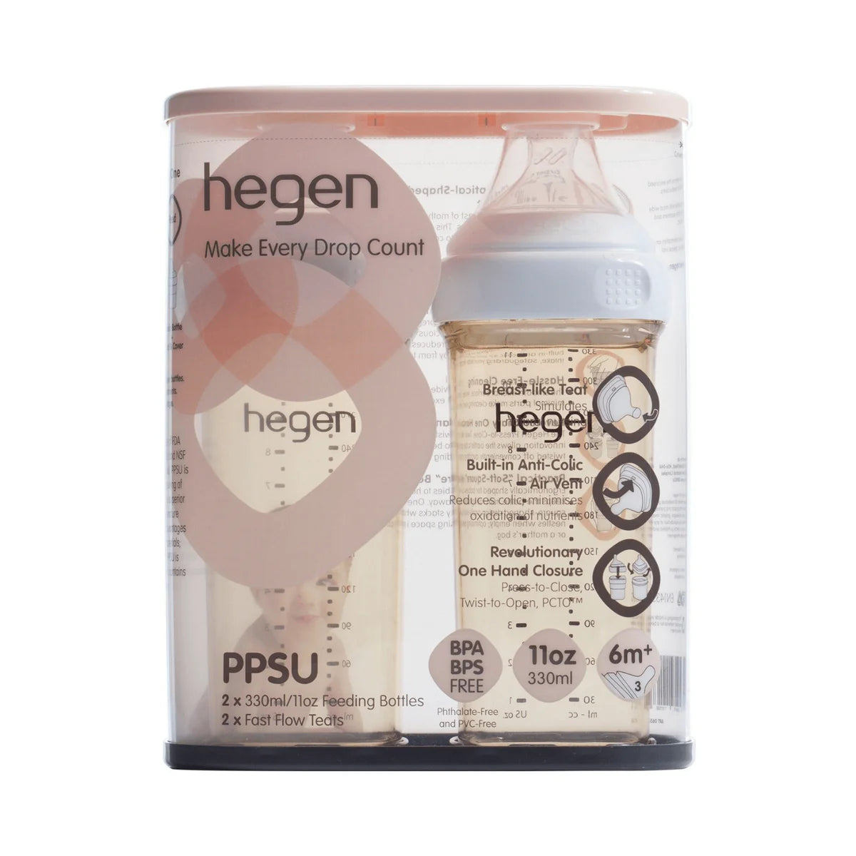 HEGEN PCTO™ 330ML/11OZ FEEDING BOTTLE PPSU, 2-PACK WITH 2 X FAST FLOW NIPPLE (6 MONTHS AND BEYOND)