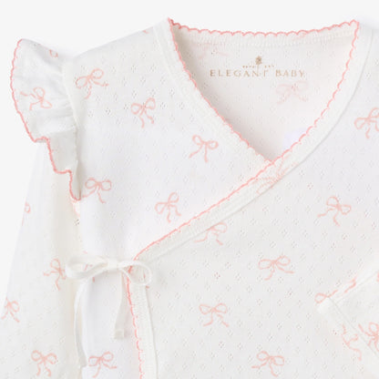 ELEGANT BABY PINK BOW PRINT ORGANIC COTTON POINTELLE LAYETTE 3 PC GIFT SET