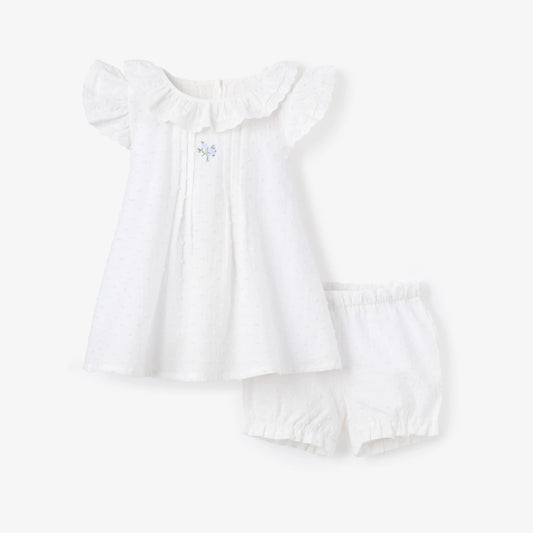 SWISS DOT PINTUCKED DRESS W/ ROSE EMBROIDERY