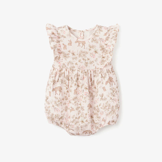 WOODLAND PRINT ORGANIC MUSLIN BUBBLE BABY ROMPER