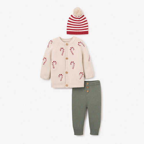 Candycane Cardigan+ Knit Pants+ Striped Hat