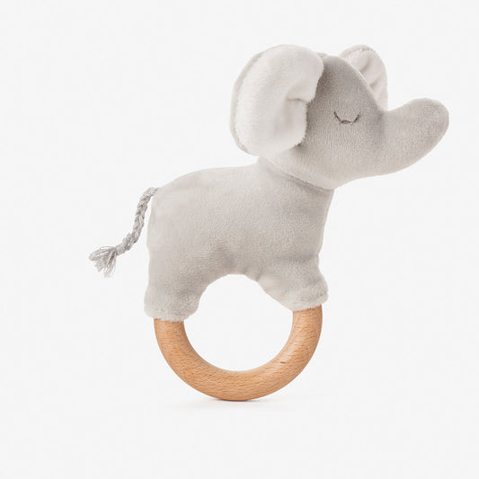 VELOUR ELEPHANT WOODEN RING RATTLE