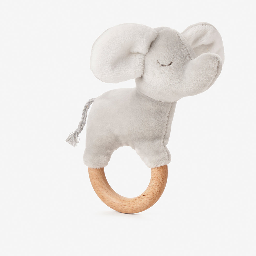 VELOUR ELEPHANT WOODEN RING RATTLE