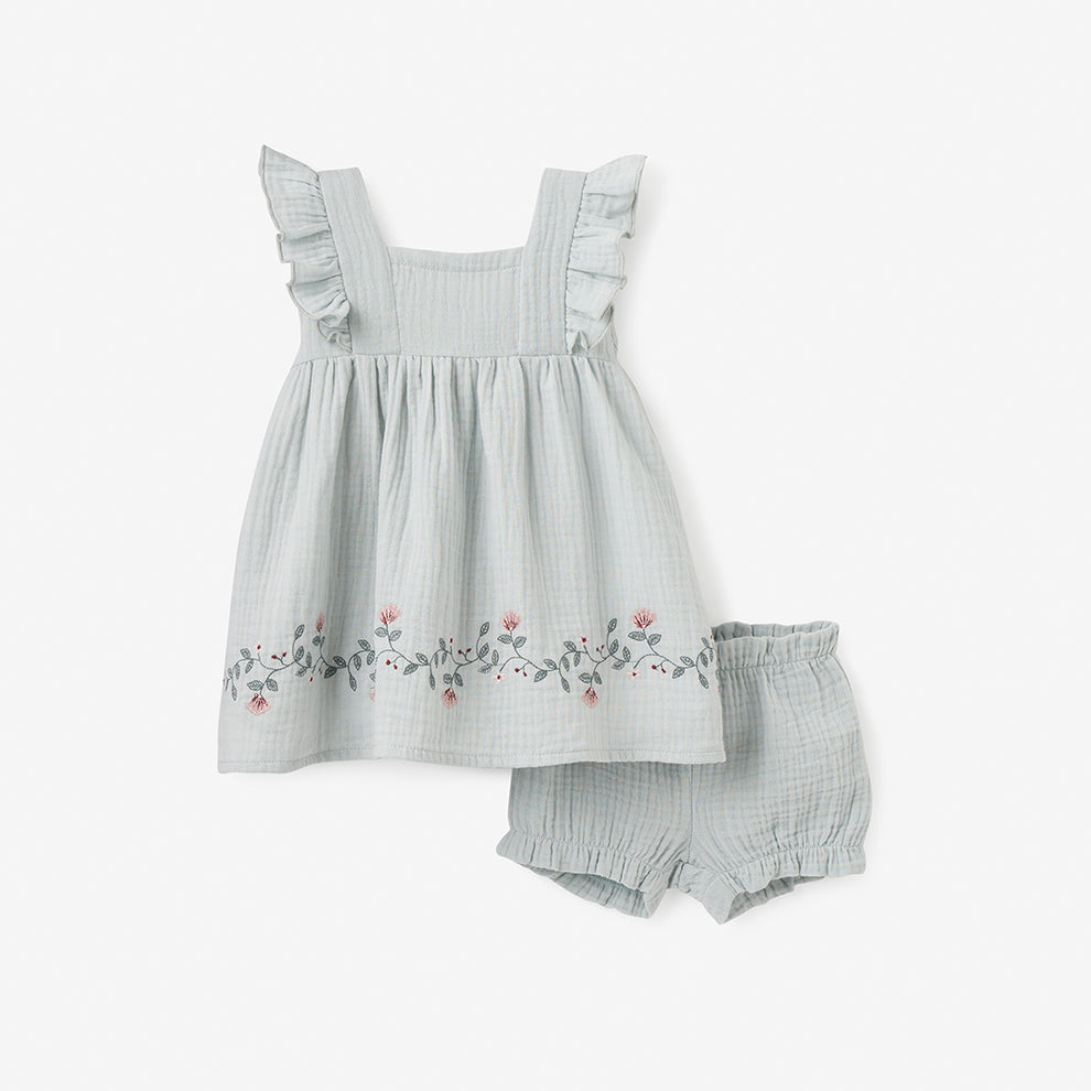 AQUA EMBROIDERED ORGANIC MUSLIN DRESS W/BLMR