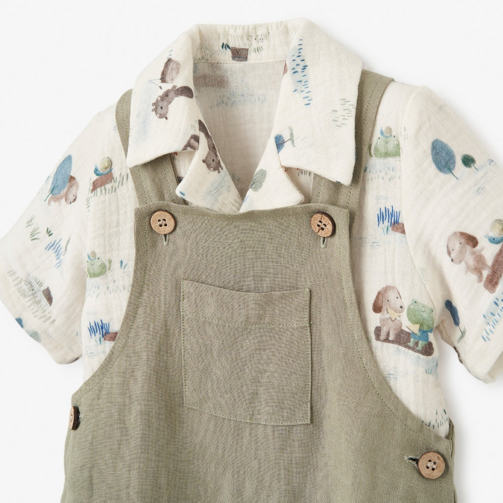 POND FRIENDS ORGANIC COTTON MUSLIN TOP & LINEN BLEND OVERALLS