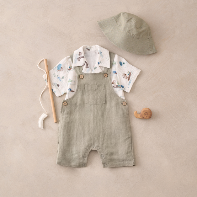 POND FRIENDS ORGANIC COTTON MUSLIN TOP & LINEN BLEND OVERALLS