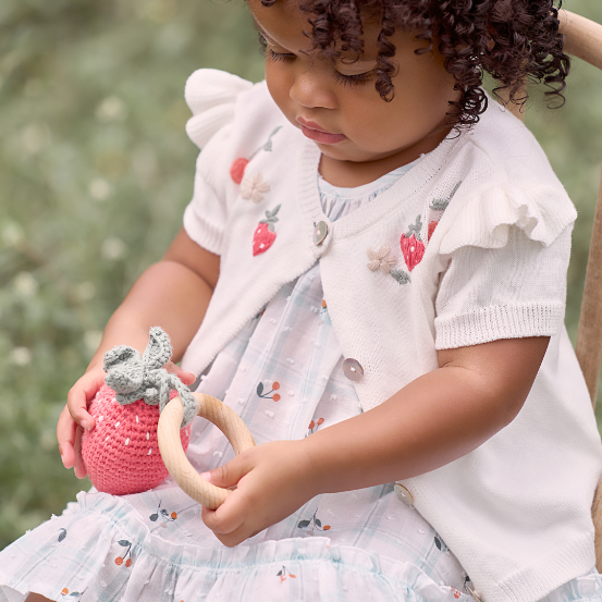 STRAWBERRY FLUTTER SLEEVE HAND-EMBROIDERED BABY CARDIGAN