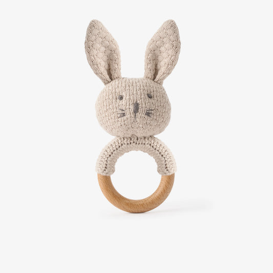 BUNNY KNIT WOODEN RING RATTLE