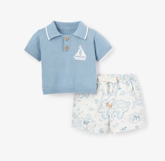 NAUTICAL KNIT POLO + EXPLORER PRINT SHORTS